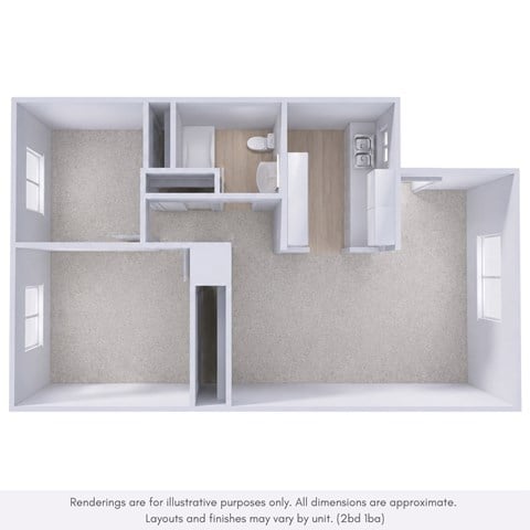 Floor plan for 2 beds, 1 bath, 950 sqft